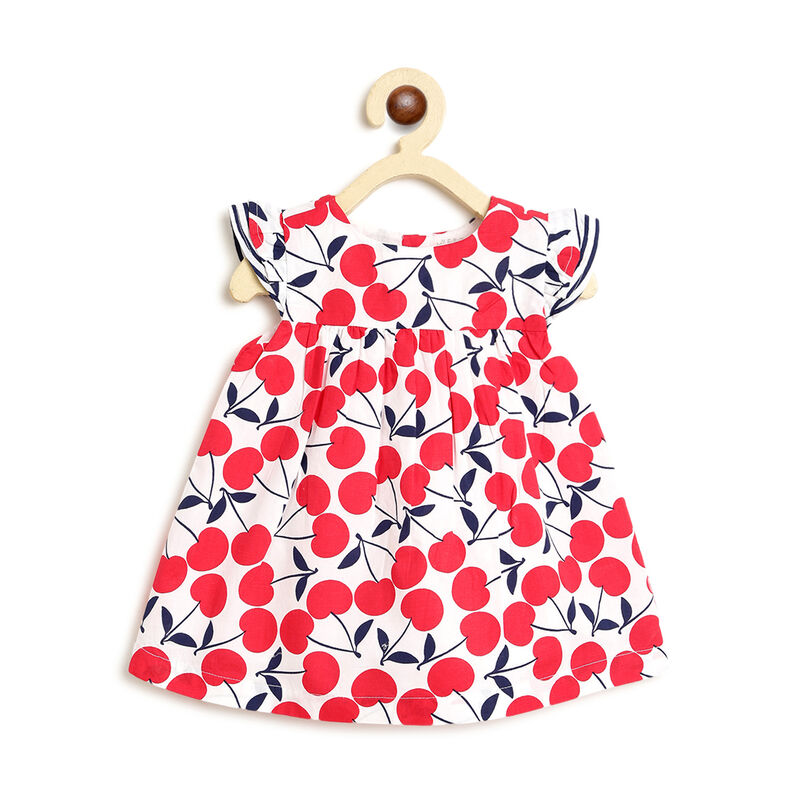 Girls White & Red Printed Short Sleeve Dress image number null